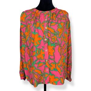 Orange Pink‎ Blouse Womens S Small Long Batwing Sleeve Button Down Top